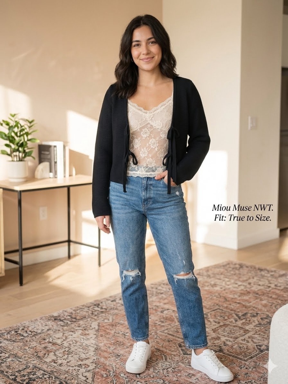Miou Muse Black Knit Tie-Front Cardigan Crop Sweater Size S